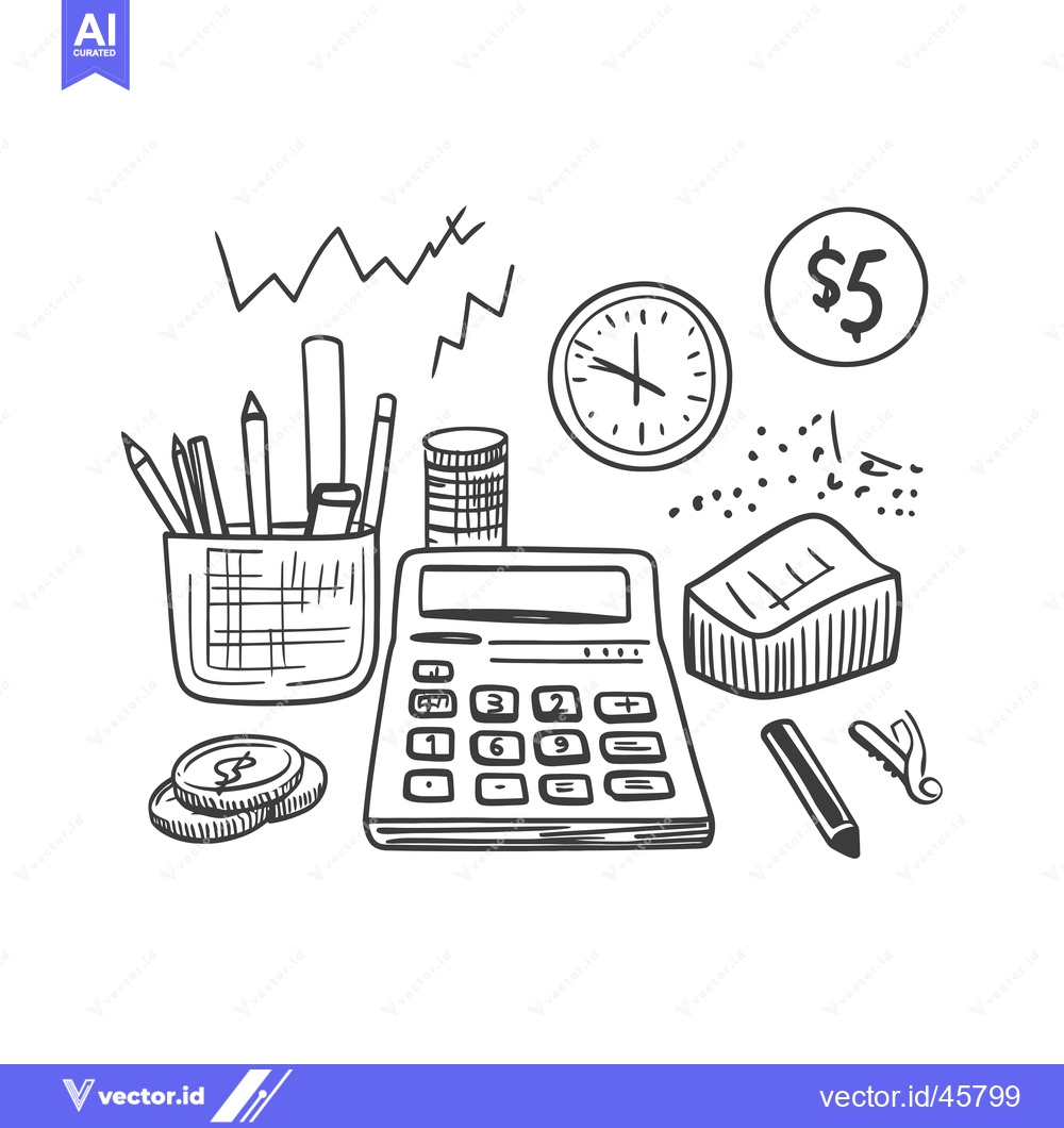 Premium Vector of Hand-Drawn Illustration of Office Supplies, Calculator, Coins, and Clo
