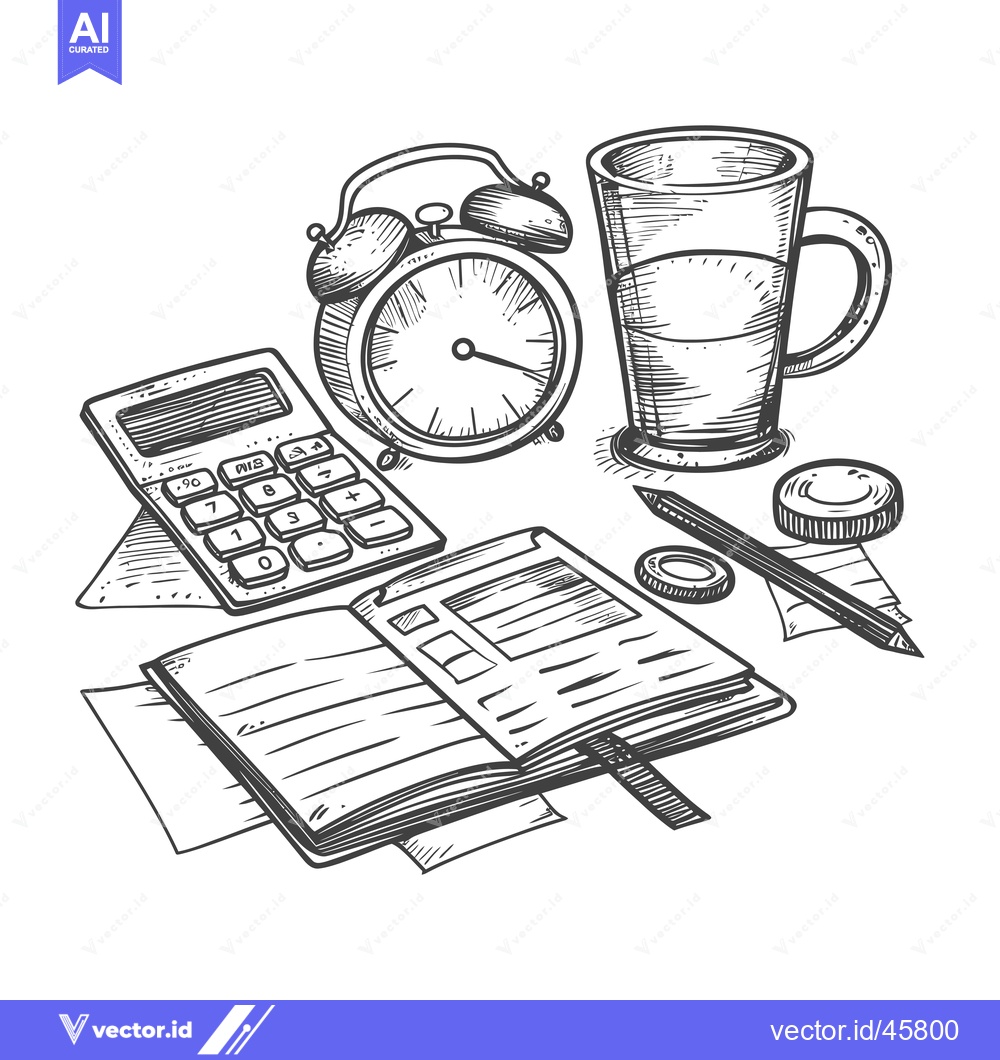Premium Vector of Hand-Drawn Illustration of Office Supplies, Including a Clock, Calcula