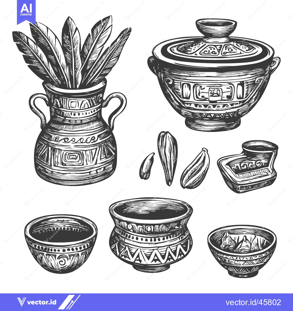 Premium Vector dari Hand Drawn Illustration of Ornate Pottery and Feathers