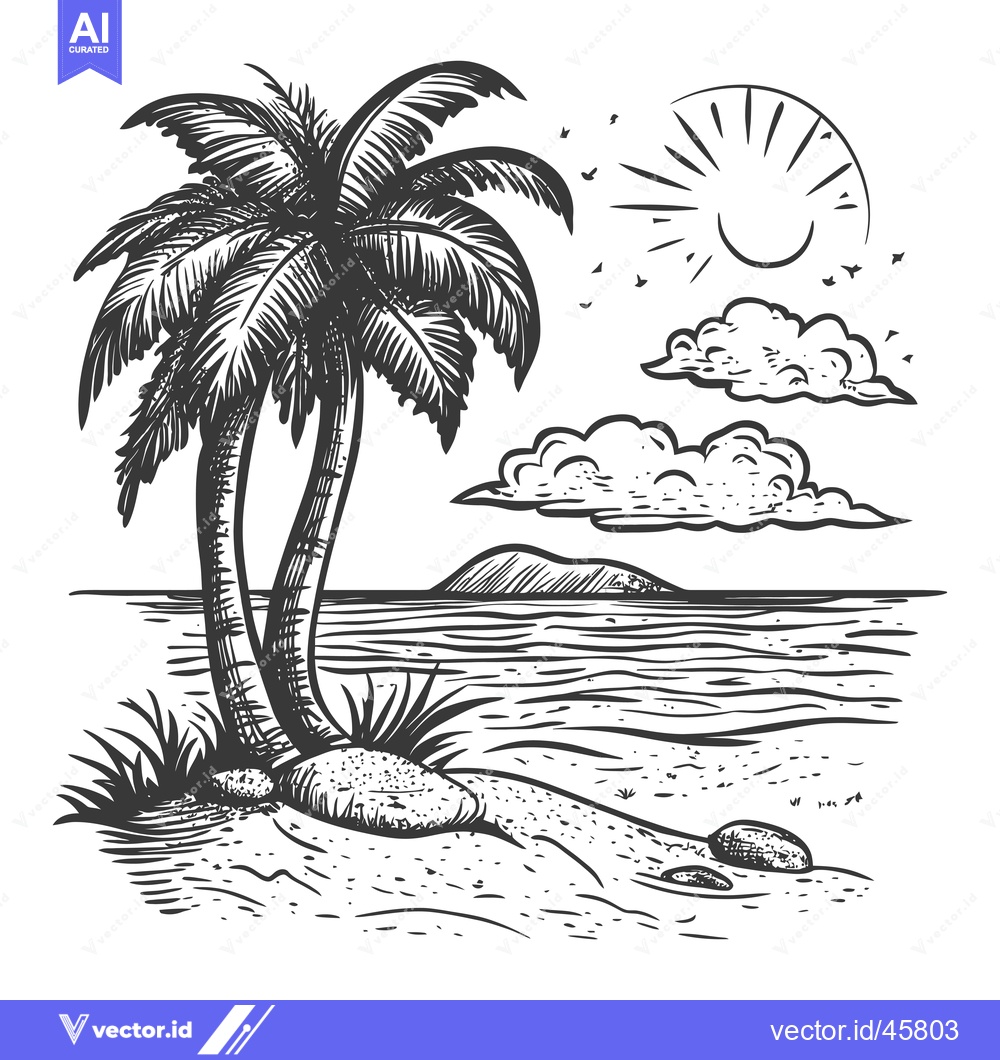 Premium Vector of Hand-drawn illustration of palm trees on a sandy beach with ocean wave