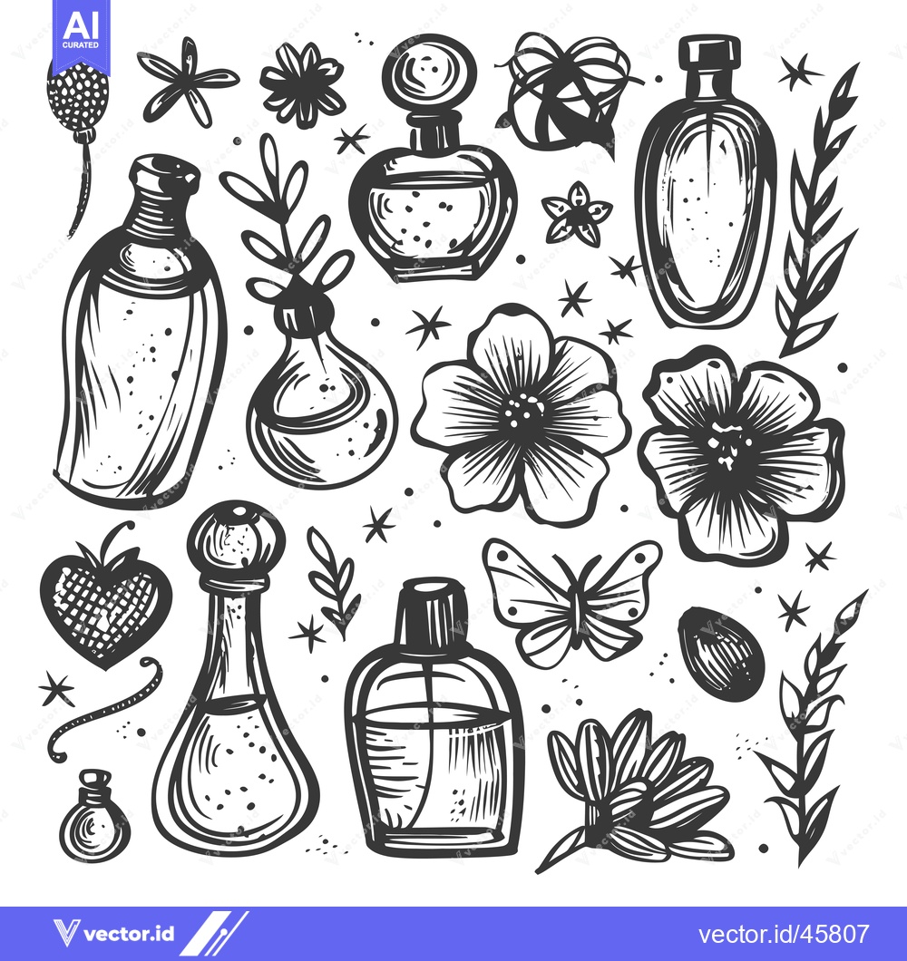 Premium Vector dari Hand-Drawn Illustration of Perfume Bottles, Flowers, and Botanical Ele