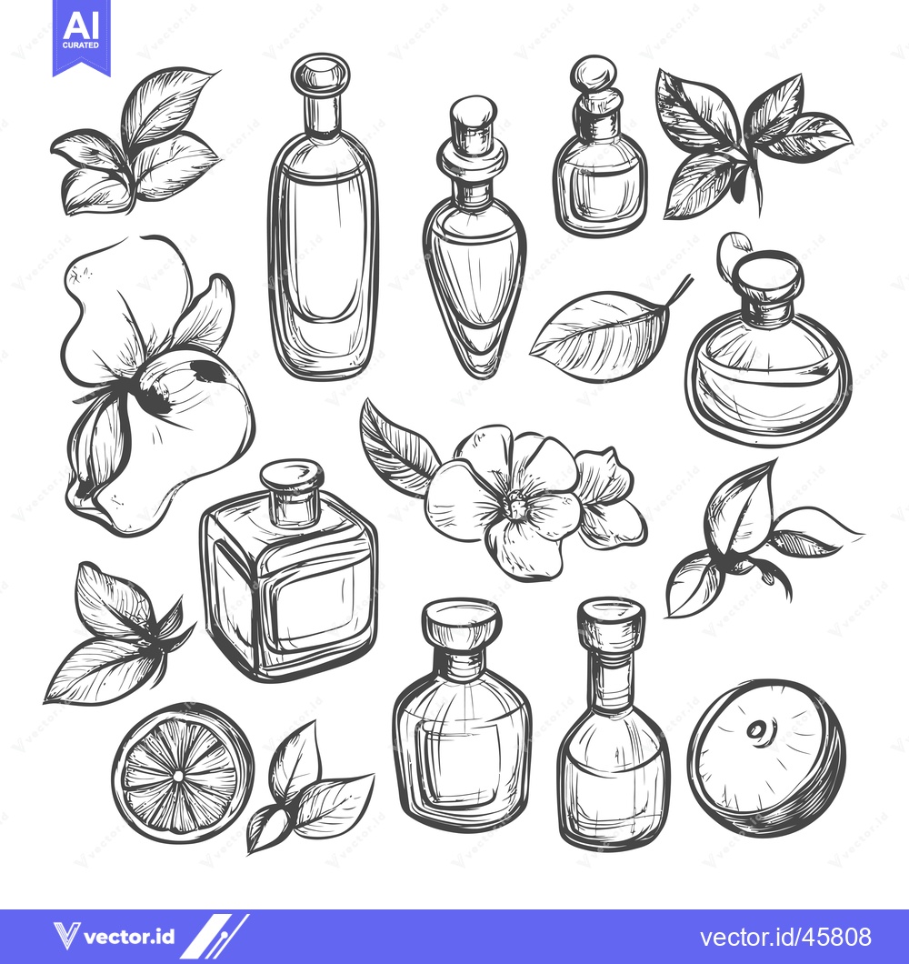 Premium Vector of Hand-Drawn Illustration of Perfume Bottles, Flowers, and Fruit