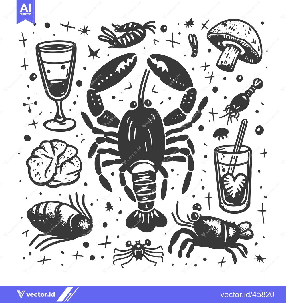 Premium Vector of Hand-drawn illustration of seafood, drinks, and a mushroom