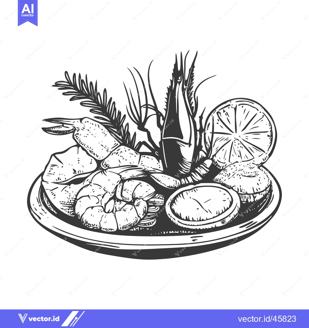 Premium Vector dari Hand-Drawn Illustration of Shrimp and Lemon Slices on a Plate