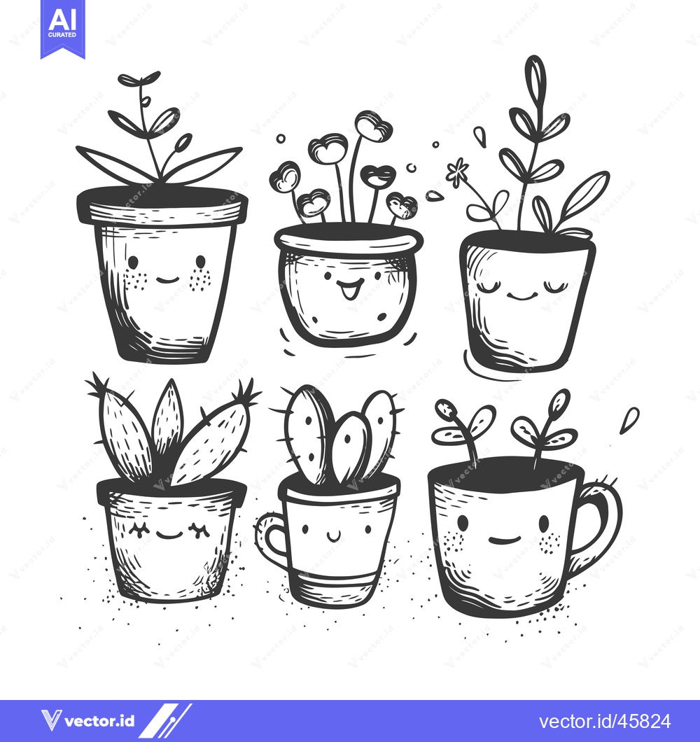 Premium Vector dari Hand-Drawn Illustration of Six Adorable Potted Plants with Smiling Fac