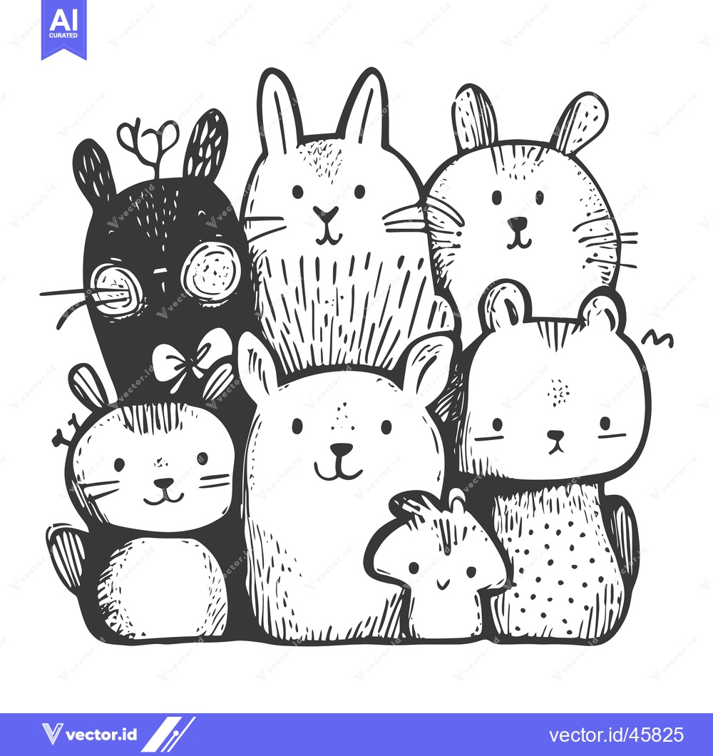 Premium Vector of Hand-drawn Illustration of Six Cute Cartoon Animals with Big Eyes and