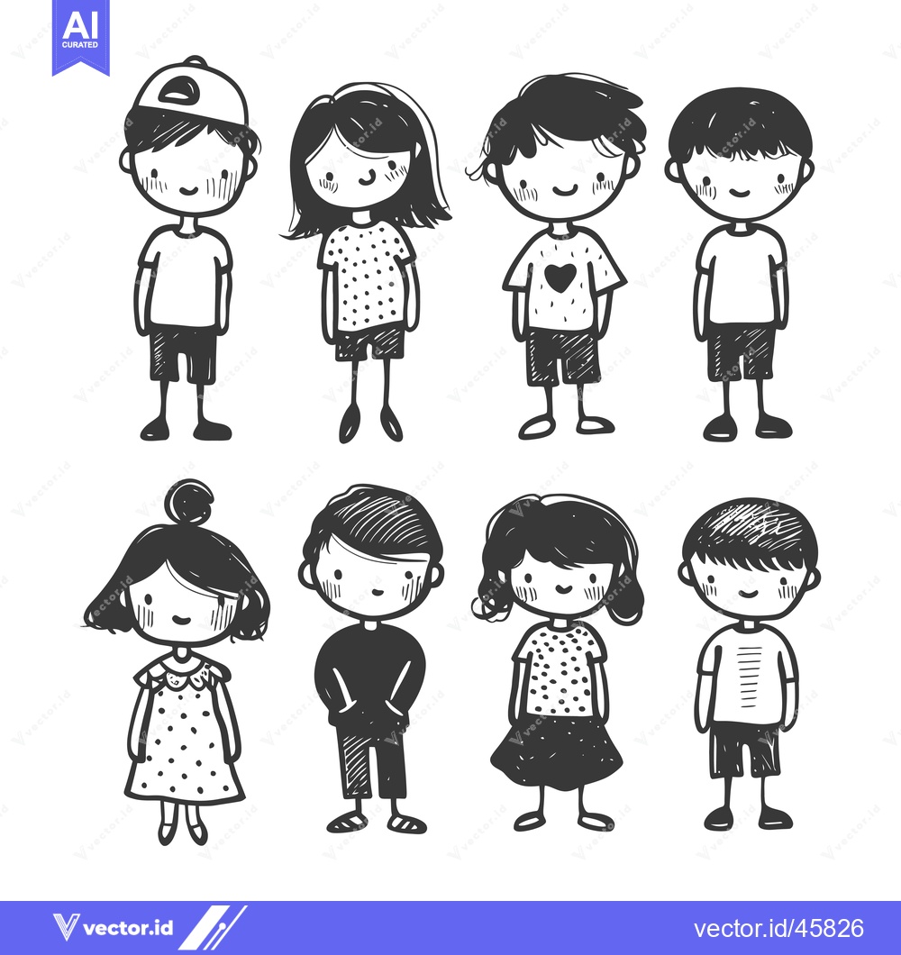 Premium Vector dari Hand-Drawn Illustration of Six Cute Children in Various Outfits