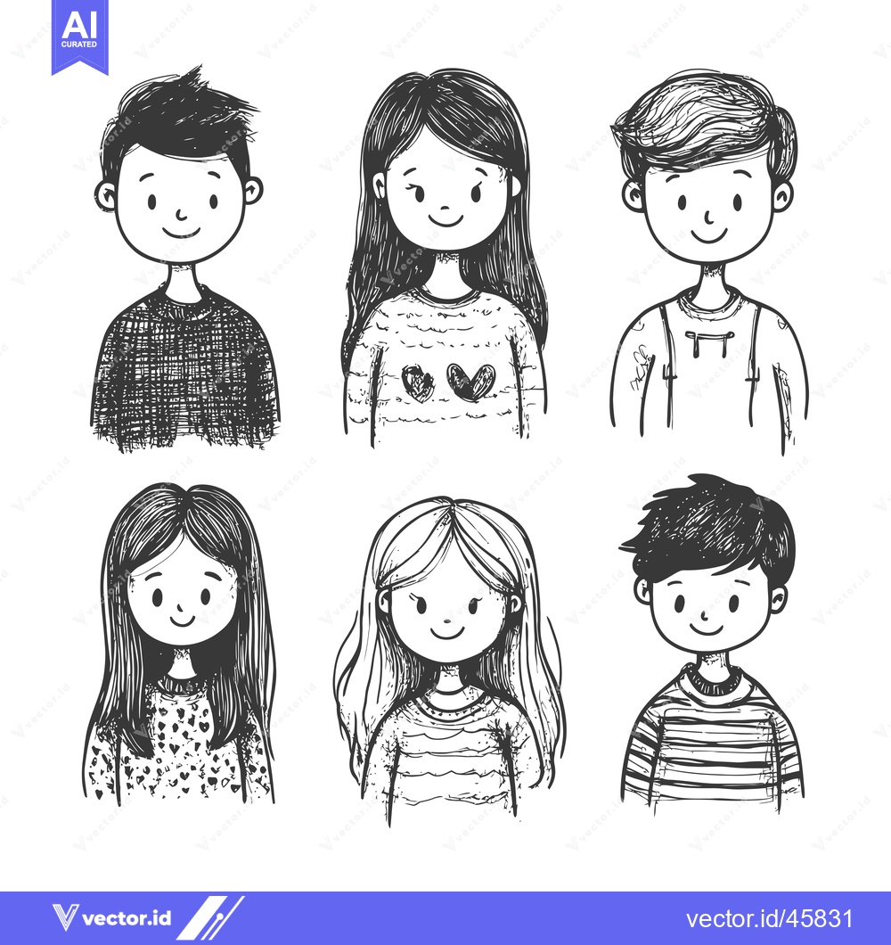 Premium Vector of Hand-drawn illustration of six smiling children in sweaters