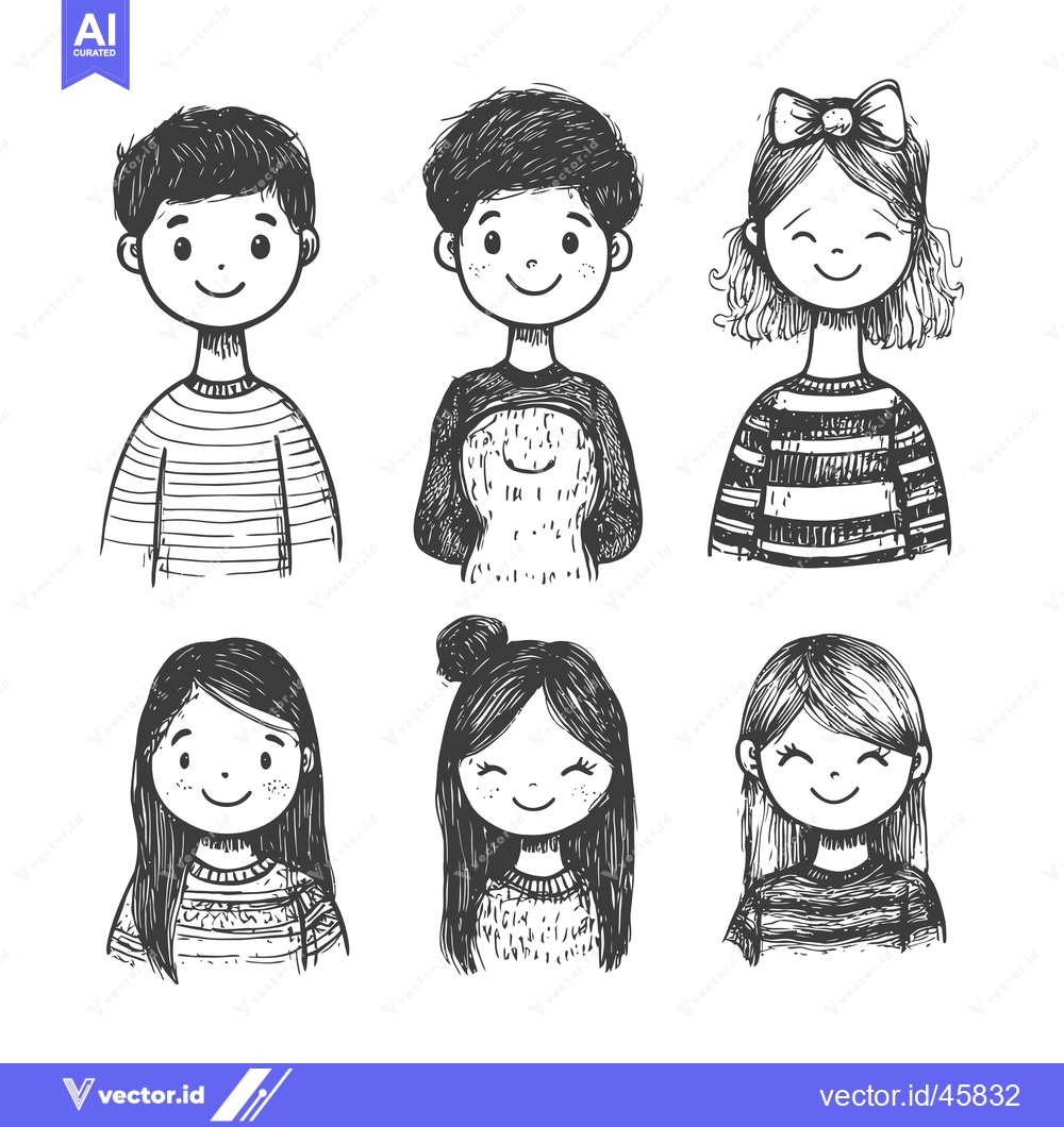 Premium Vector dari Hand-drawn Illustration of Six Smiling Children with Different Hairsty