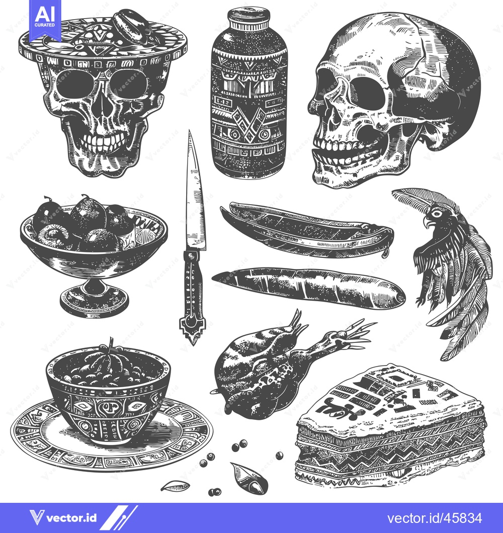Premium Vector of Hand-Drawn Illustration of Skulls, Fruits, and Other Objects in a Vint