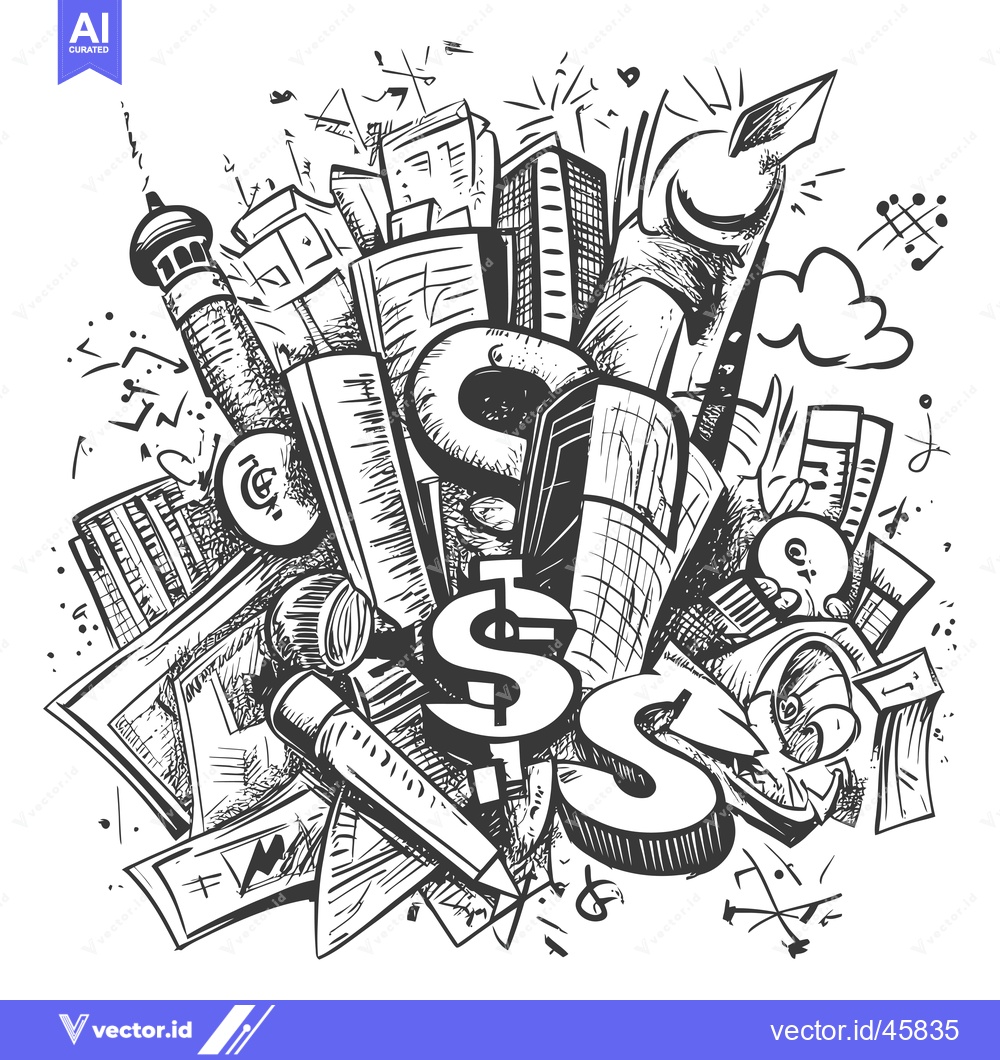 Premium Vector dari Hand-drawn Illustration of Skyscrapers and Dollar Signs