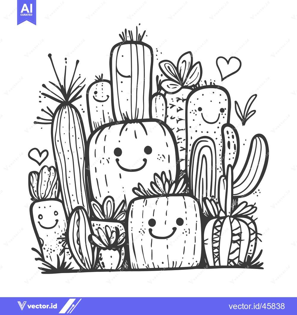 Premium Vector dari Hand-Drawn Illustration of Smiling Cactus Plants with Hearts