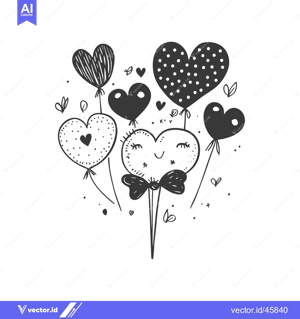 Premium Vector dari Hand-drawn Illustration of Smiling Heart-shaped Balloons with Bowtie