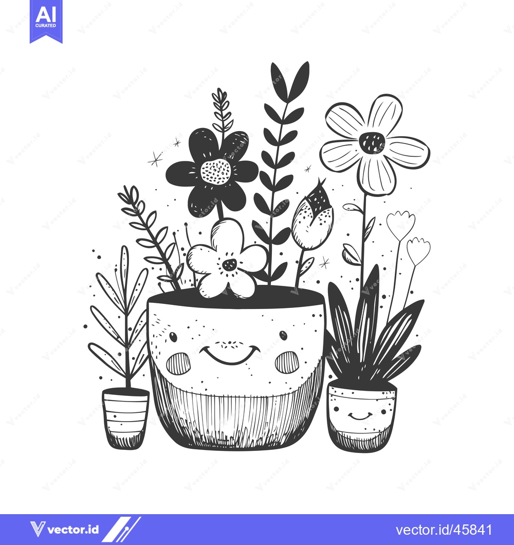 Premium Vector of Hand-drawn illustration of smiling potted plants with flowers