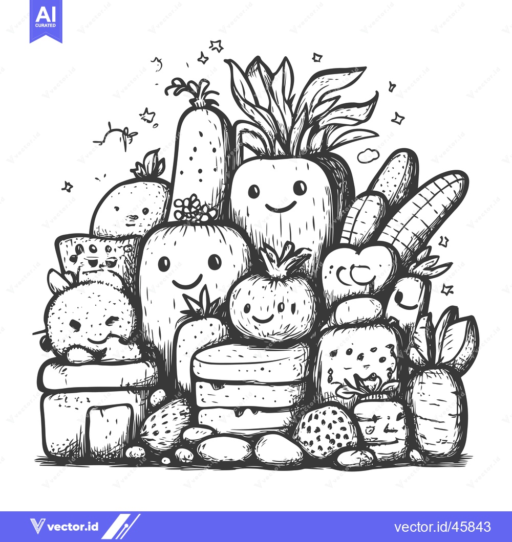 Premium Vector dari Hand-drawn illustration of smiling vegetables and fruits with stars