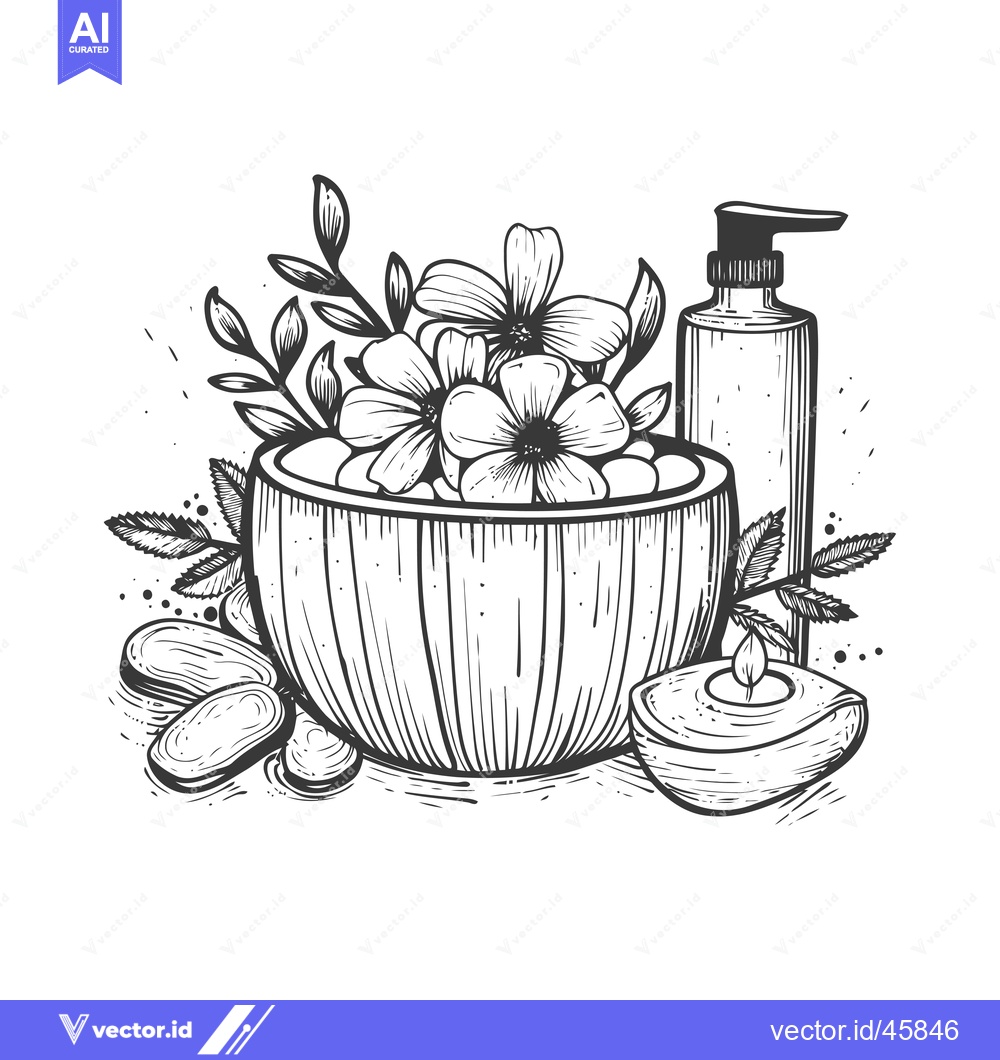 Premium Vector dari Hand-drawn illustration of spa essentials with flowers, bowl, bottle,