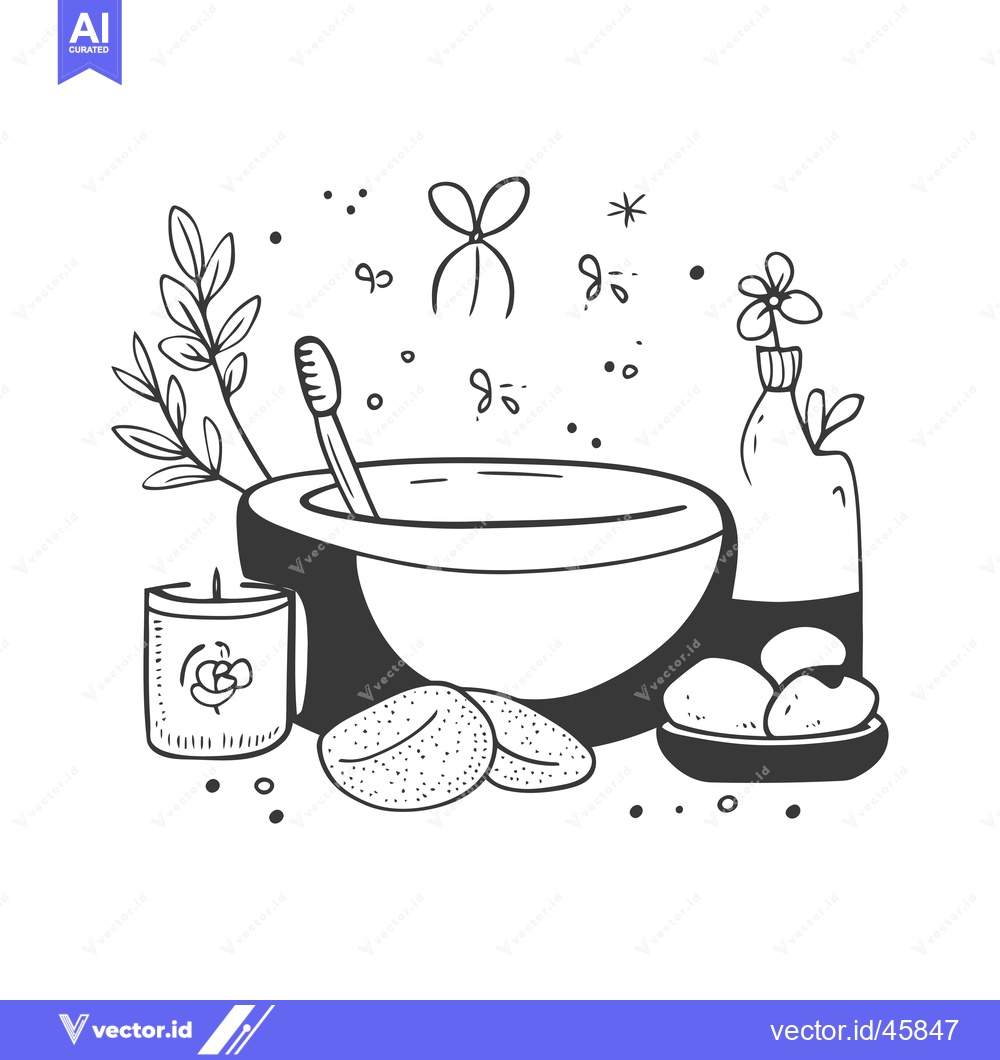 Premium Vector dari Hand-Drawn Illustration of Spa Items with a Bowl of Water, Candles, an