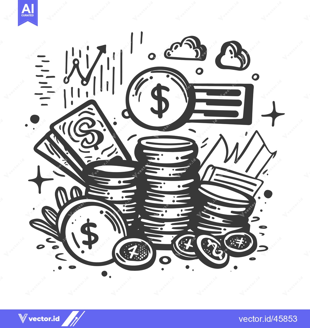 Premium Vector dari Hand-drawn illustration of stacks of coins, dollar bills, and other fi