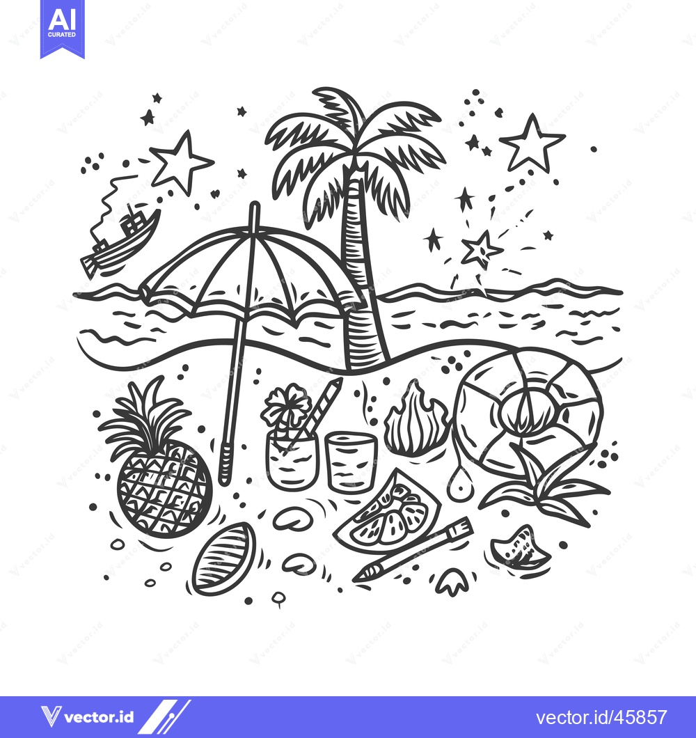 Premium Vector dari Hand-drawn Illustration of Summer Beach Scene with Tropical Elements