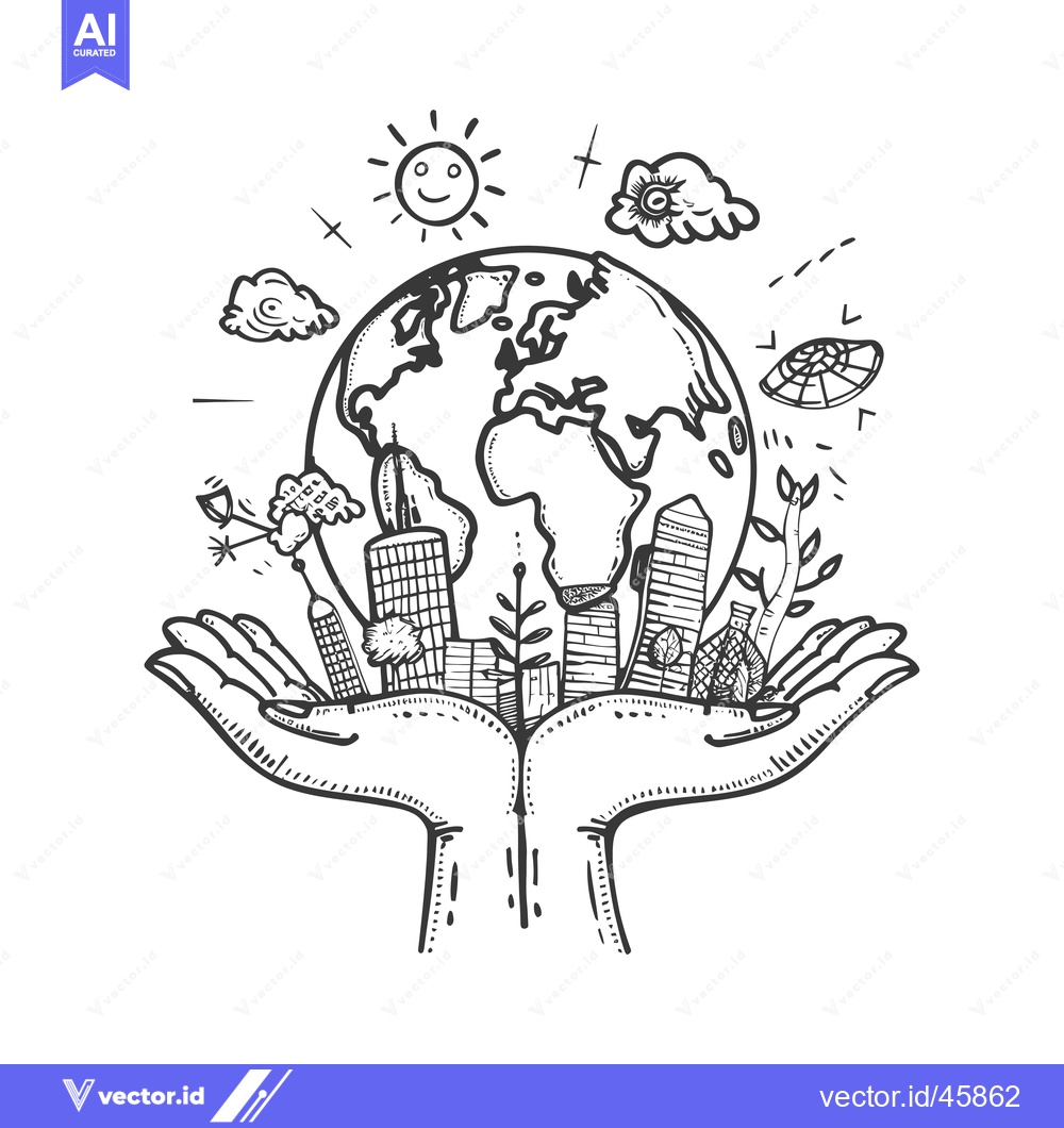 Premium Vector of Hand-Drawn Illustration of the Earth Held in Two Hands with Surroundin