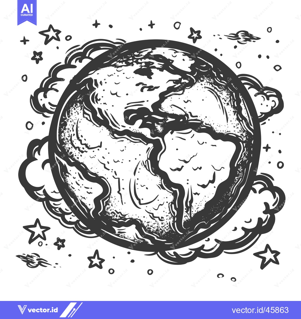 Premium Vector dari Hand-drawn illustration of the Earth surrounded by clouds and stars.