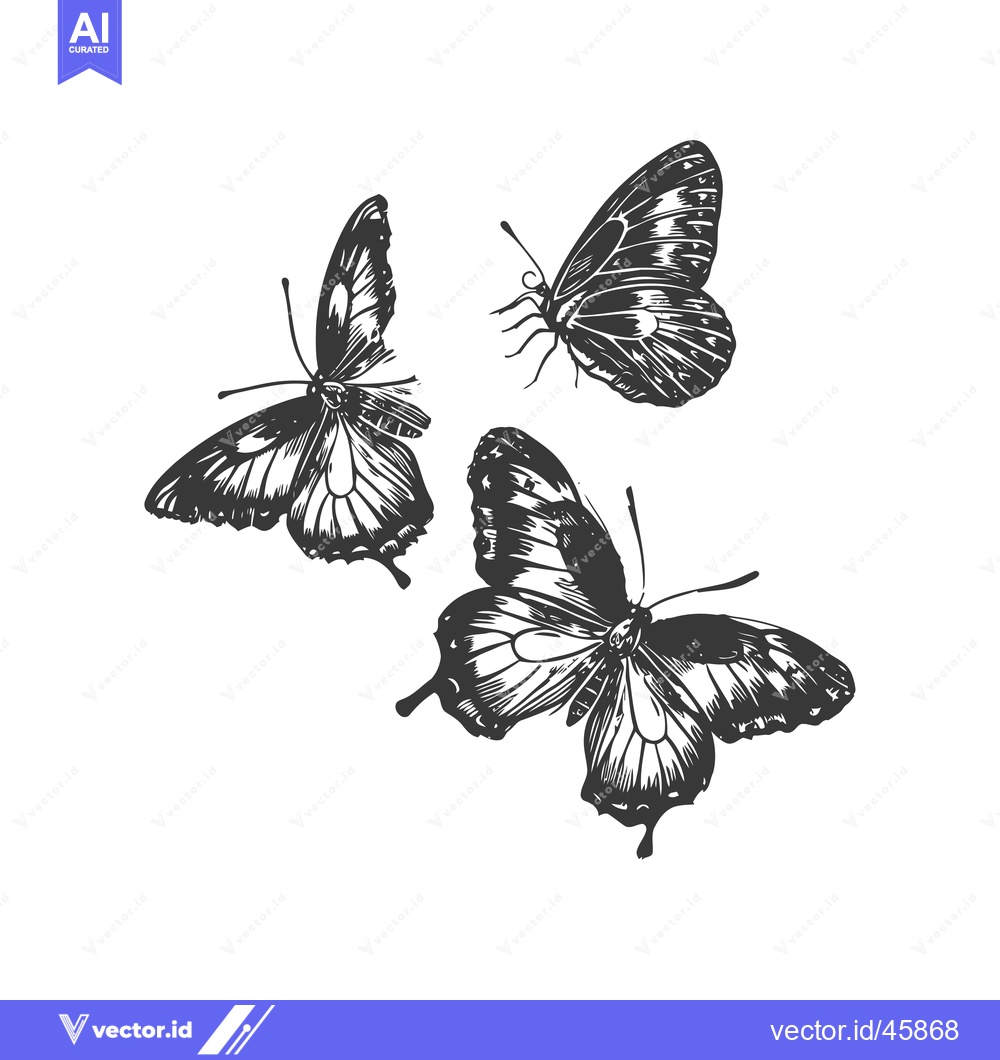 Premium Vector of Hand-Drawn Illustration of Three Black and White Butterflies