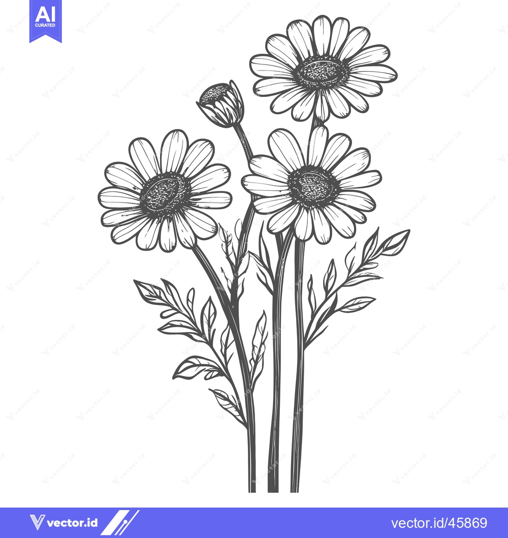 Premium Vector of Hand-drawn Illustration of Three Blooming Daisies with Leaves and Stem