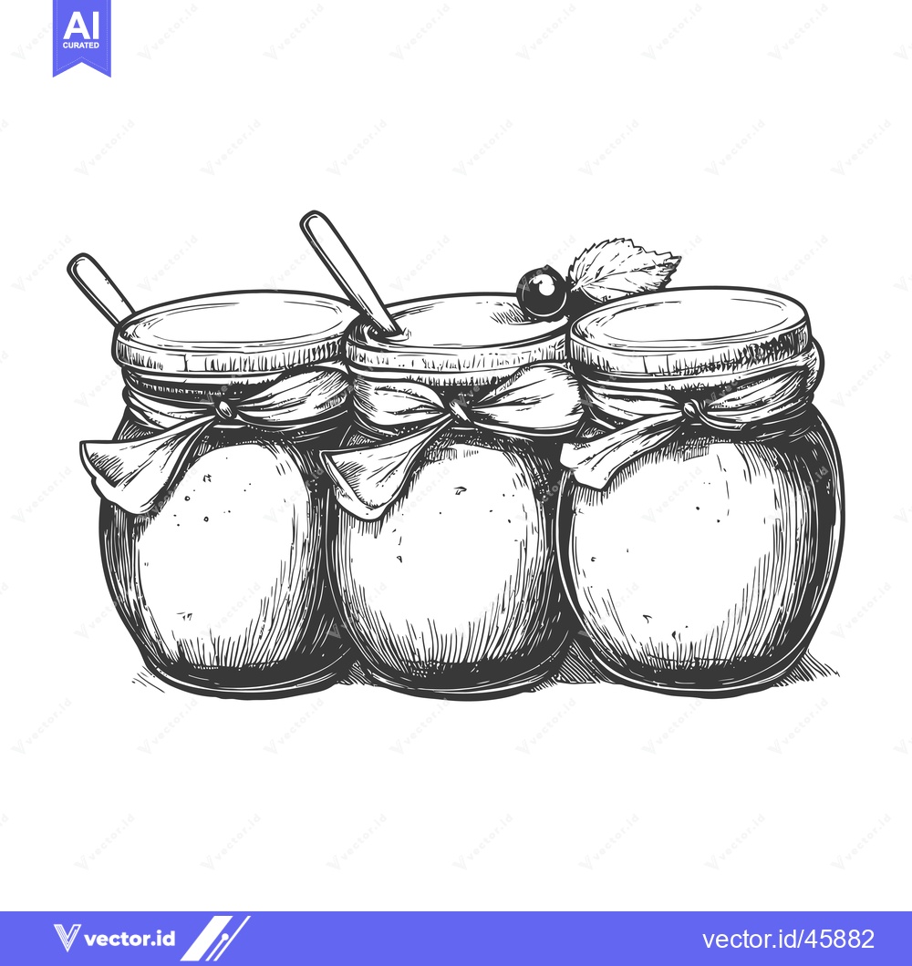 Premium Vector dari Hand-Drawn Illustration of Three Glass Jars with Spoons and Berries