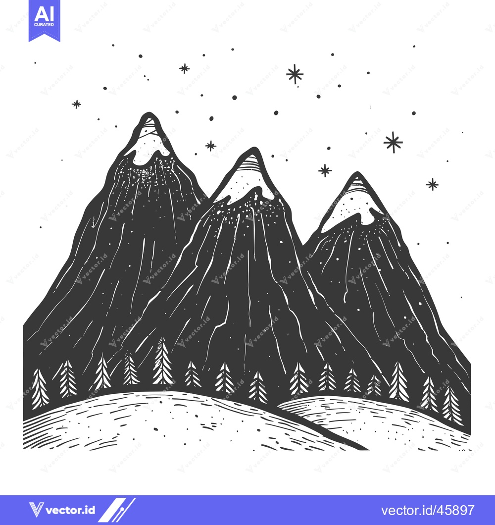 Premium Vector dari Hand-drawn illustration of three snow-capped mountains with a starry n