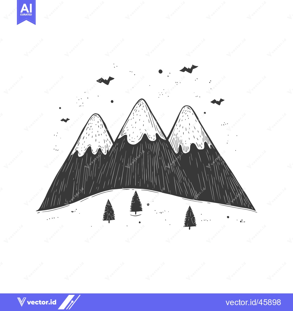 Premium Vector dari Hand-drawn Illustration of Three Snowy Mountains with Pine Trees and B