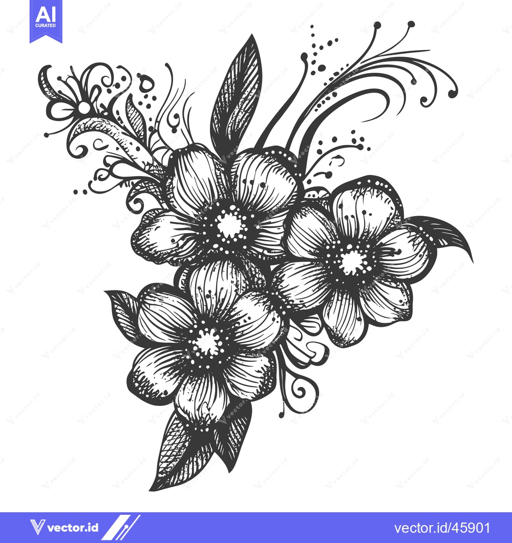 Premium Vector dari Hand-drawn illustration of three stylized black and white flowers with