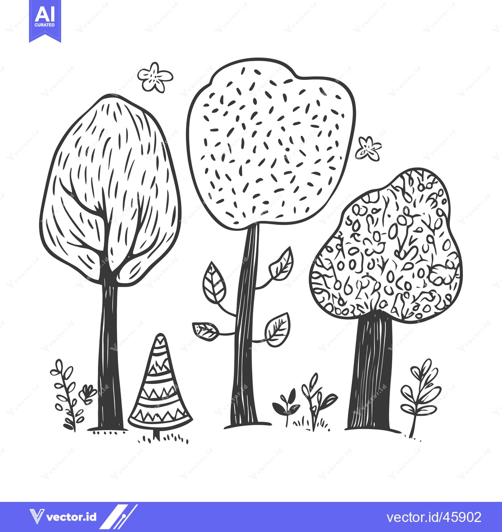 Premium Vector of Hand-drawn Illustration of Three Trees and Small Plants