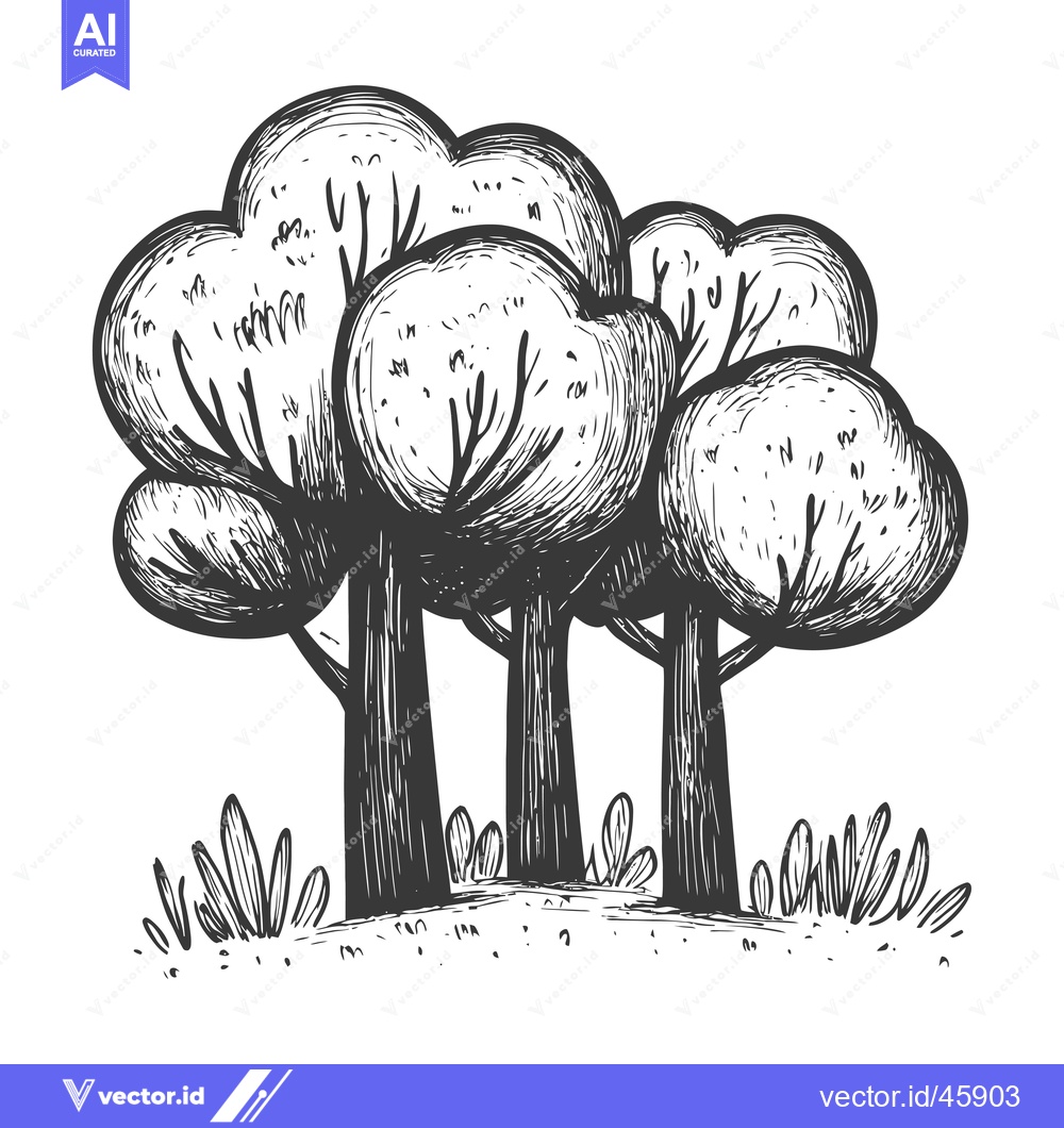 Premium Vector of Hand-drawn illustration of three trees with rounded canopies and grass
