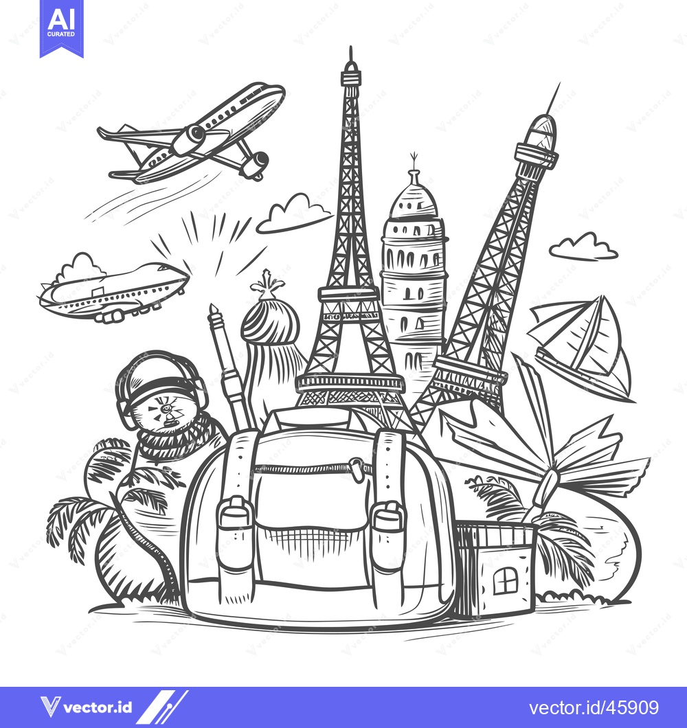 Premium Vector of Hand-Drawn Illustration of Travel Bag and Landmarks