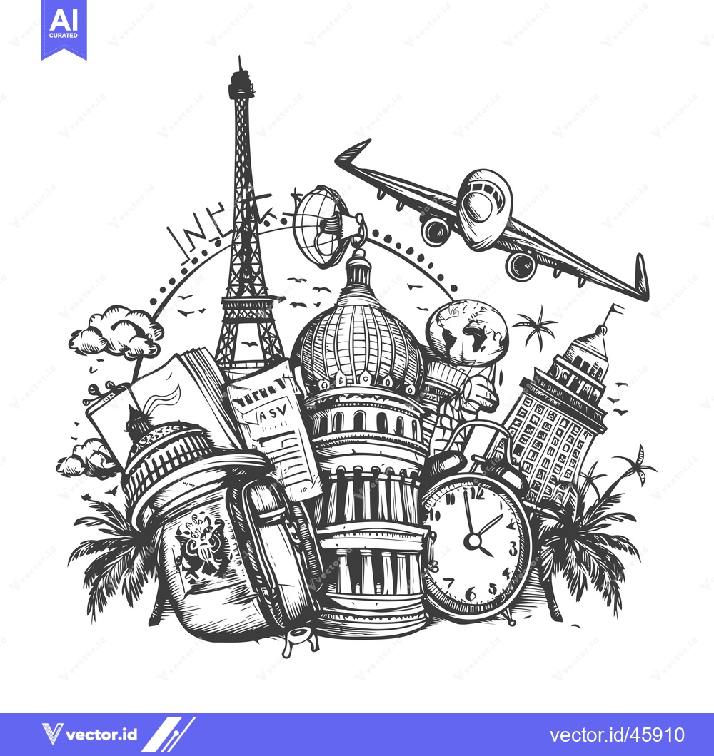 Premium Vector dari Hand-Drawn Illustration of Travel Elements with Landmarks, Clock, and