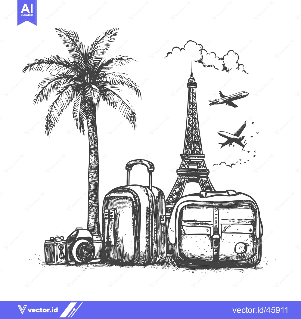 Premium Vector dari Hand-drawn Illustration of Travel Essentials with Palm Tree, Eiffel To