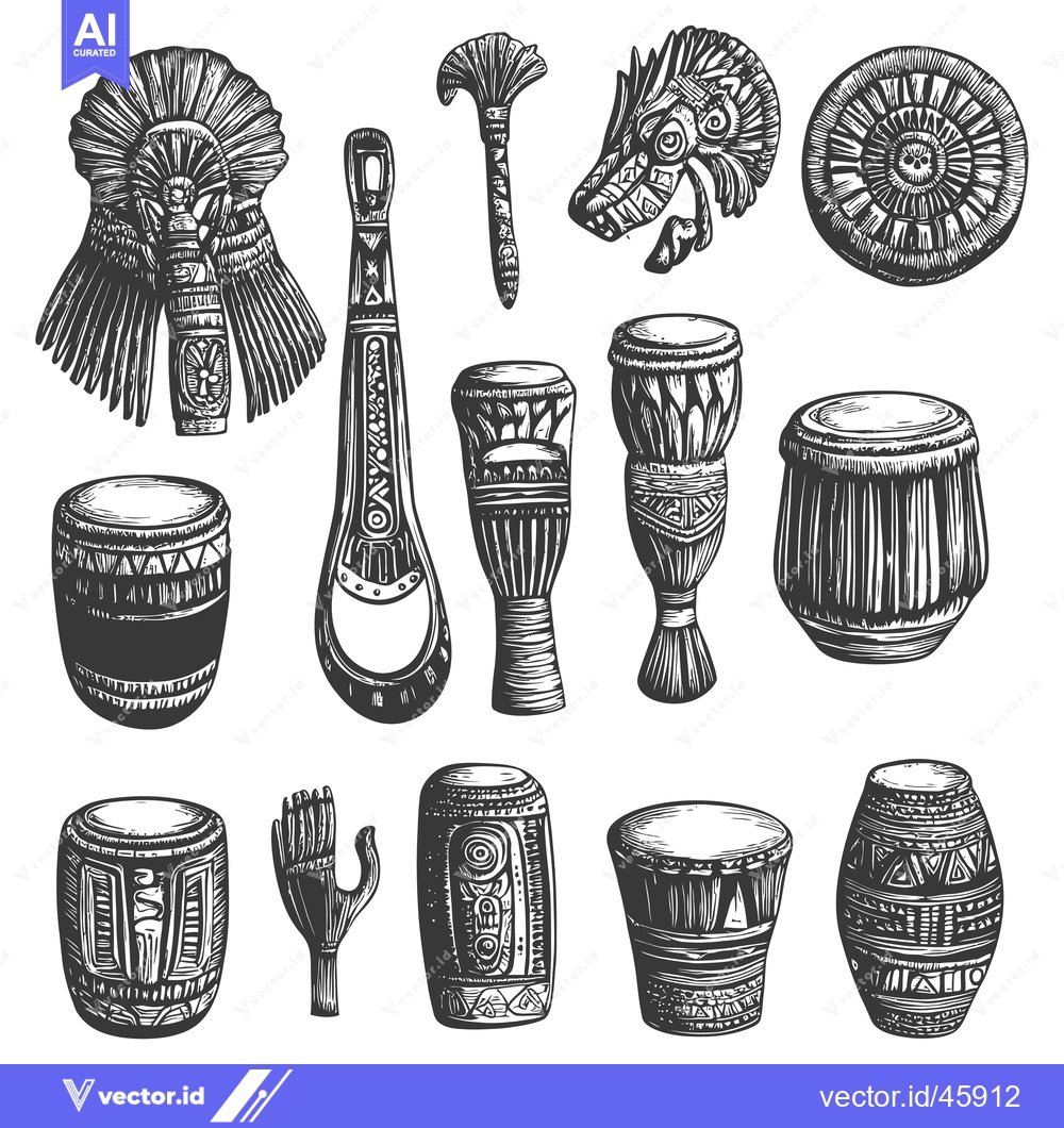 Premium Vector of Hand-Drawn Illustration of Tribal Drums, Ceremonial Objects, and Music