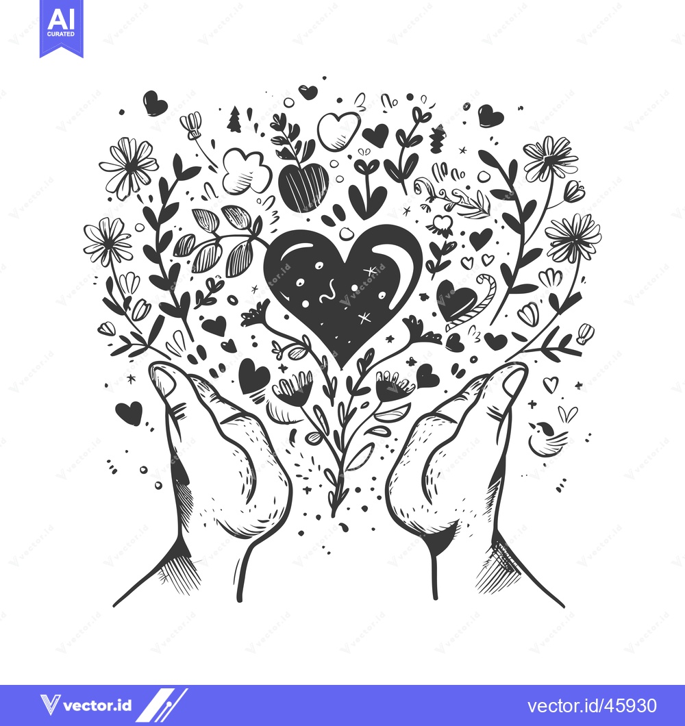 Premium Vector of Hand-drawn illustration of two hands cupping a heart-shaped arrangemen