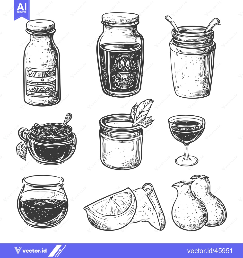 Premium Vector dari Hand-Drawn Illustration of Various Beverages and Fruit in Jars and Gla