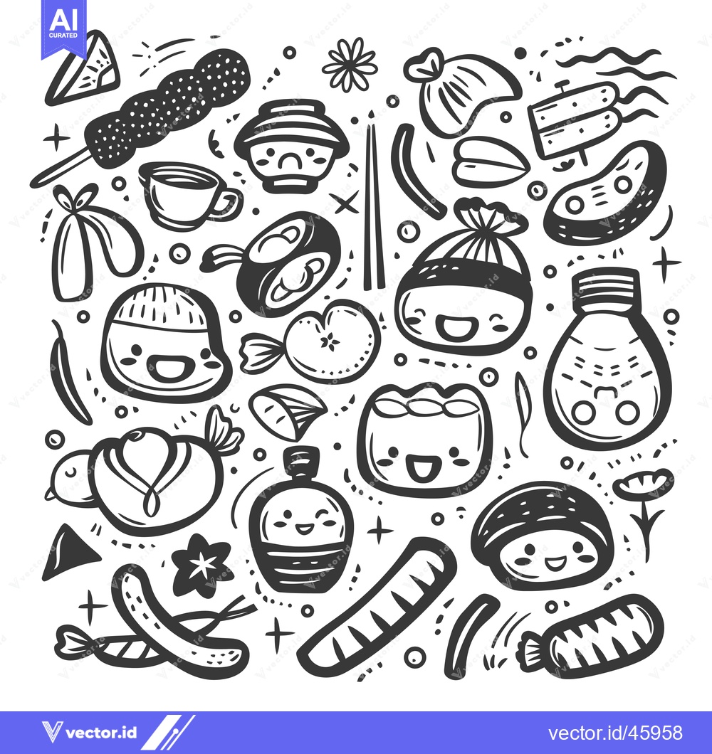 Premium Vector dari Hand-drawn Illustration of Various Cute Food Items with Faces
