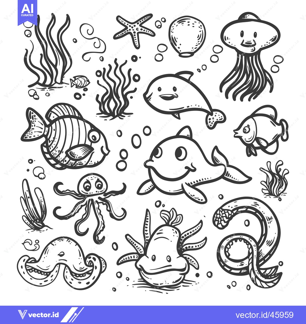 Premium Vector dari Hand-Drawn Illustration of Various Cute Sea Creatures and Plants