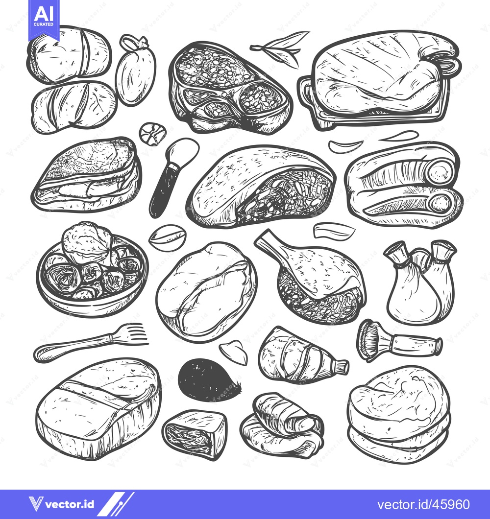 Premium Vector dari Hand-Drawn Illustration of Various Cuts of Meat