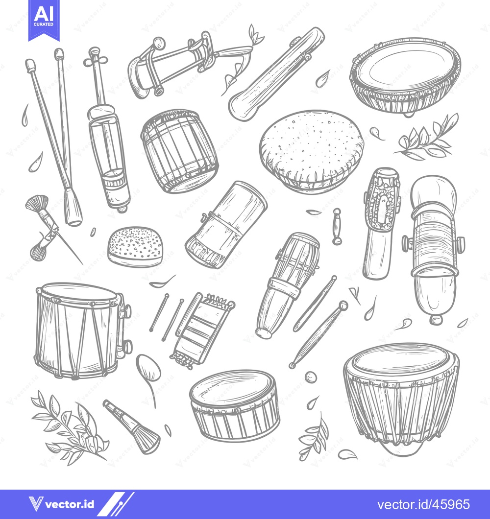 Premium Vector dari Hand-Drawn Illustration of Various Drums and Percussion Instruments