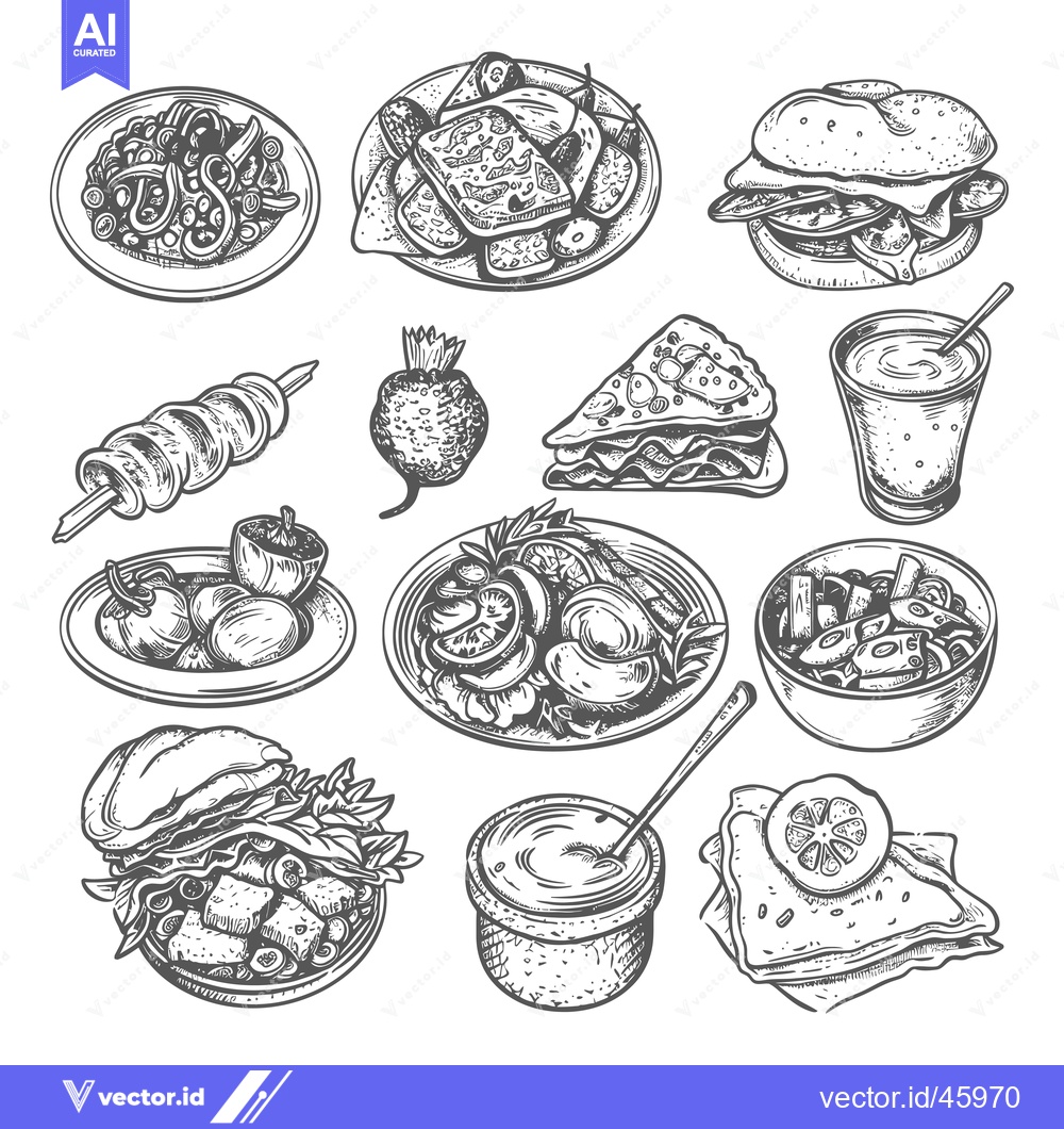 Premium Vector dari Hand-drawn illustration of various food dishes, including sandwiches,