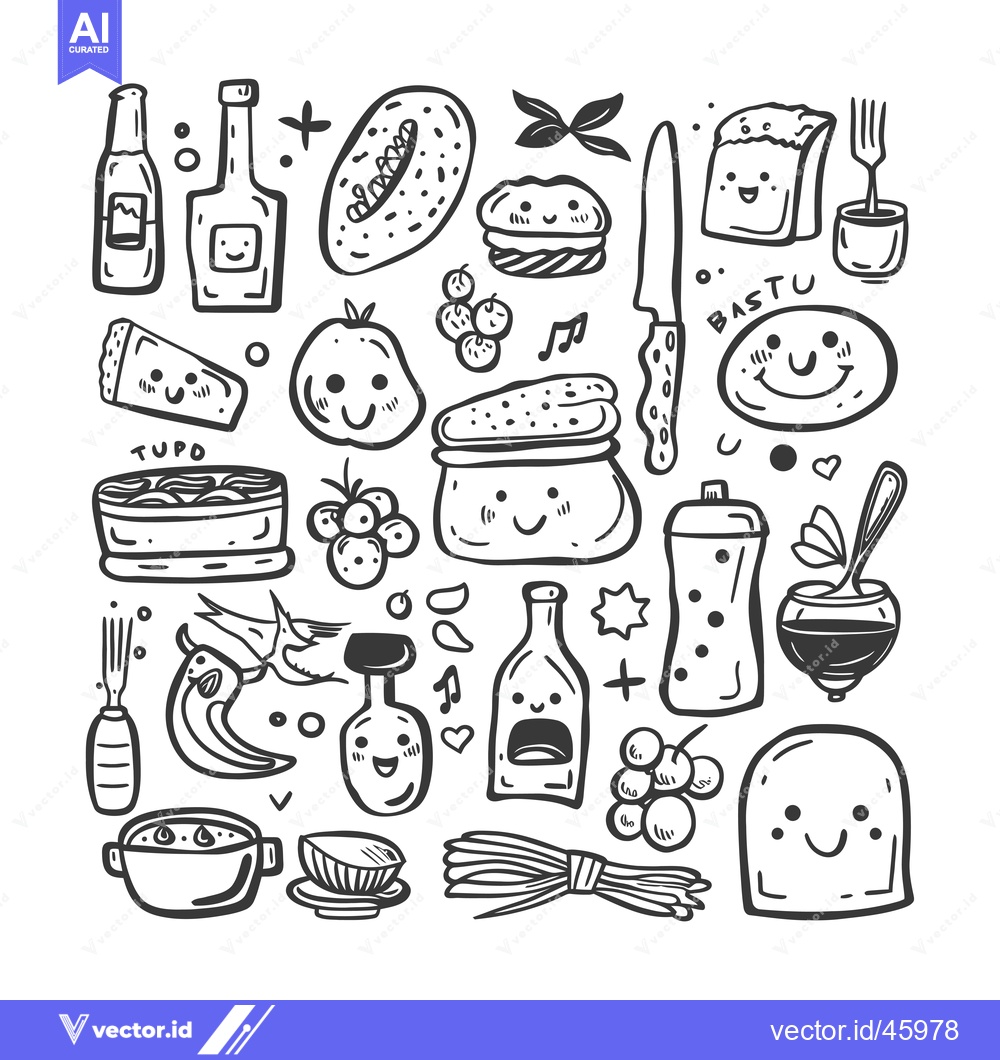 Premium Vector of Hand-Drawn Illustration of Various Food Items with Cartoon Faces