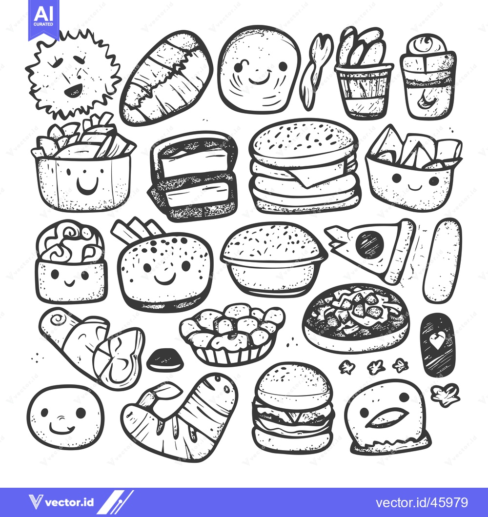 Premium Vector dari Hand-Drawn Illustration of Various Food Items with Smiling Faces