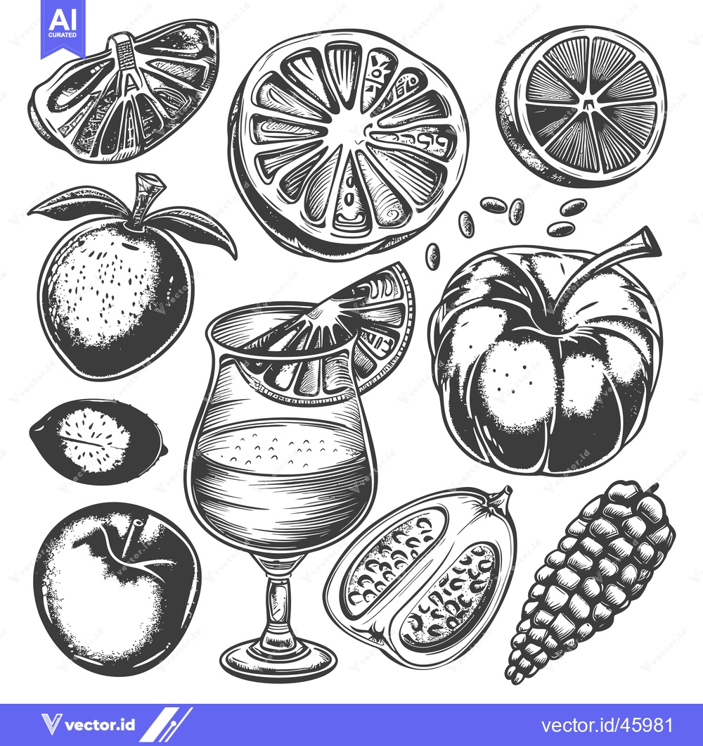 Premium Vector of Hand-Drawn Illustration of Various Fruits and a Cocktail Glass