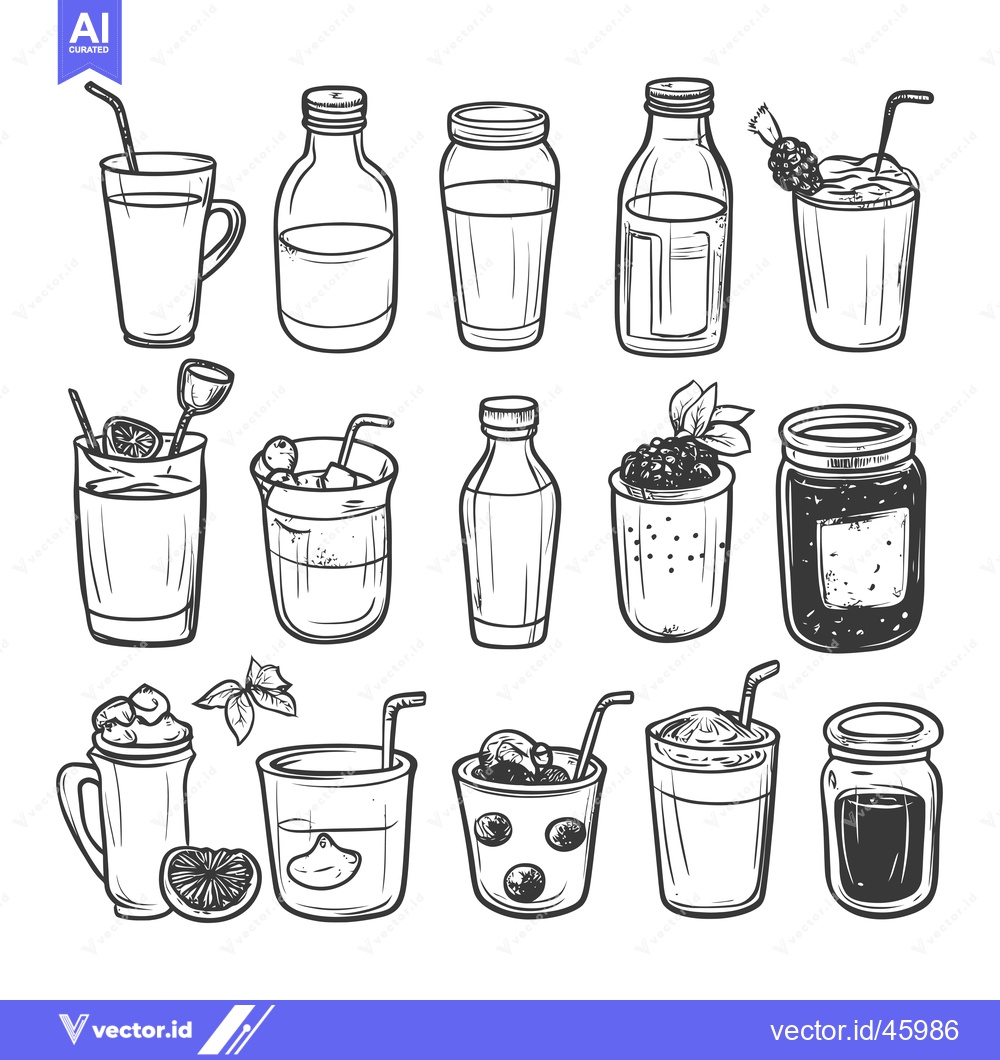 Premium Vector dari Hand-Drawn Illustration of Various Glassware with Beverages and Straws