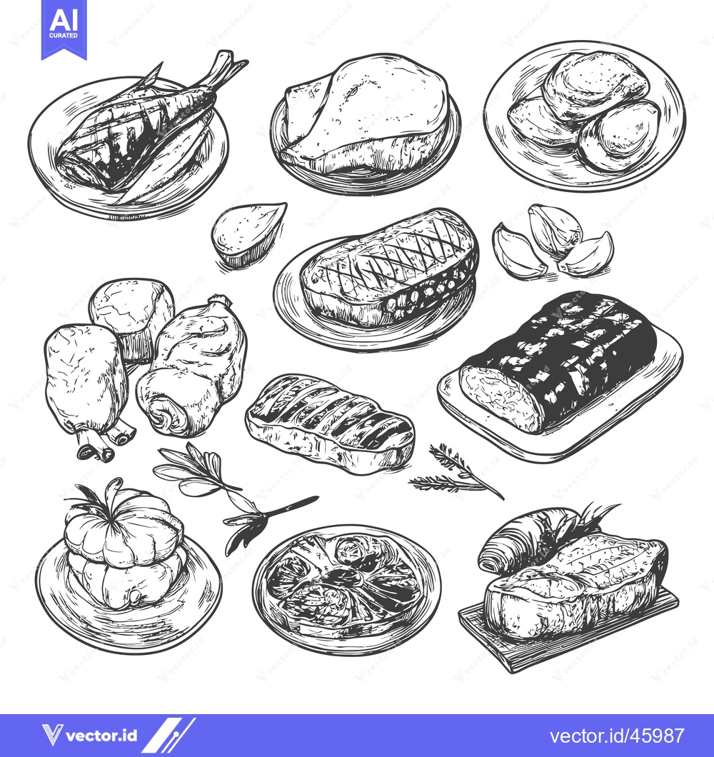 Premium Vector of Hand-Drawn Illustration of Various Grilled Meats and Ingredients
