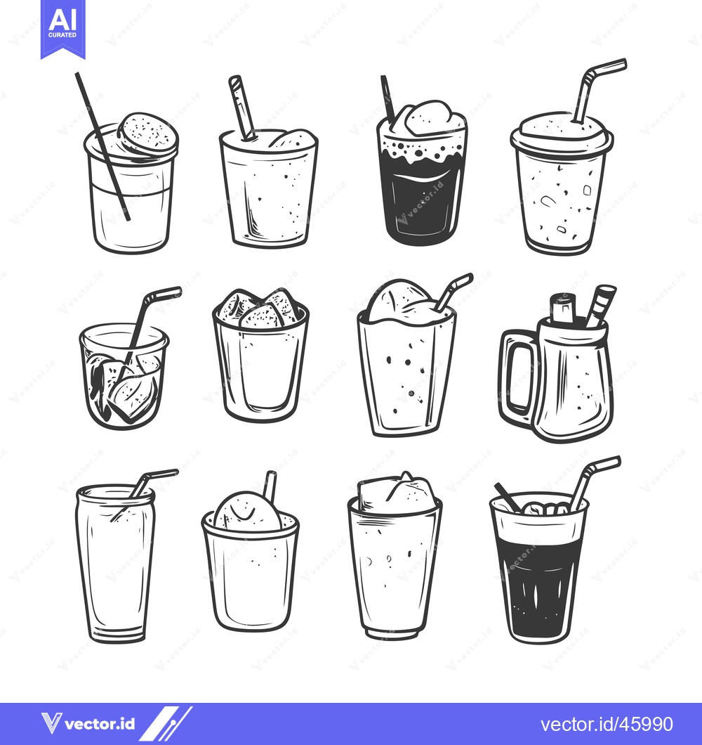 Premium Vector of Hand-Drawn Illustration of Various Iced Drinks with Straws